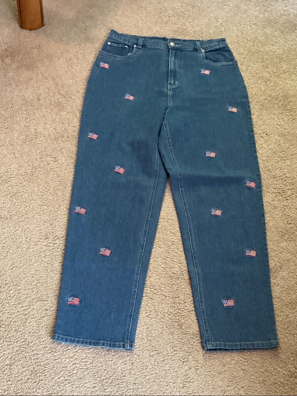 Denim Wide Leg Jeans with Embroidered Flag Details - Blue